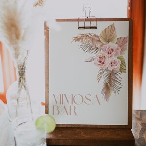 Bewerkbare roze bloemen Boho Pampas Mimosa Bar teken bruids douche Boho tafel tekenen Boho bruids douche decor bruids douche gunsten teken