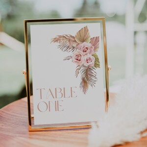 Editable Boho Pampas Table Numbers Template, Pink Floral Pampas Table Number Template, Bridal Shower Table Numbers Template