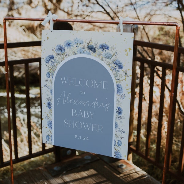 Baby in Bloom, Boy Baby in Bloom Baby Shower, Baby in Bloom Welcome Sign Template, Baby Shower Welcome Sign, Blue Floral Baby Shower Sign