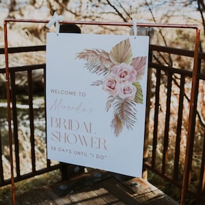Bridal Shower Welcome Sign Template, Boho Pampas Bridal Shower Welcome Sign Editable Template, Boho Bridal Shower, Pink Floral Welcome Sign