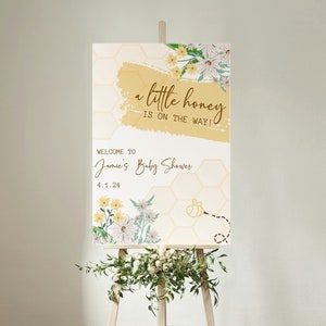 A Little Honey Is On The Way Baby Shower Welcome Sign Editable Bumblebee Printable Template Modern Neutral Honey Bee Shower Welcome Poster