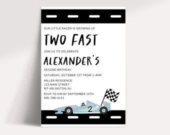 Dos invitaciones de cumpleaños rápidas, dos plantillas de invitación de cumpleaños rápidas, dos segundos cumpleaños rápidos, plantilla de invitación de segundo cumpleaños de Race Car
