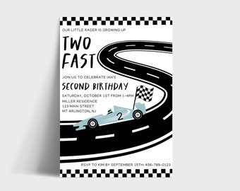 Editable DOS plantillas de invitación de cumpleaños rápidas, dos cumpleaños rápidos, 2 invitaciones rápidas, dos segundos cumpleaños rápidos, invitación de segundo cumpleaños de Race Car