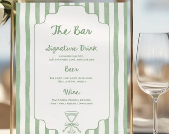 Wedding Bar Menu Signature Drink Template, Classic Wedding Bar Menu Template, Watercolor Green Stripes, WeddingShower Bar Sign, Elegant Sign