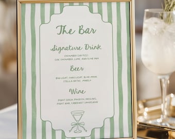 Wedding Bar Menu Signature Drink Template, Classic Wedding Bar Menu Template, Watercolor Green Stripes, WeddingShower Bar Sign, Elegant Sign