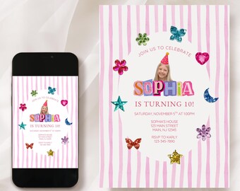 Gemstone Birthday Invitation, Whimsical Girl Invitation, Digital Download Girls Birthday Invitation, Bedazzled Girl Birthday Party Invite
