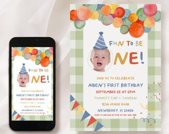 Modèle d'invitation amusant pour être un anniversaire, numérique amusant pour être un premier anniversaire, modèle d'invitation coloré premier anniversaire Vichy vert