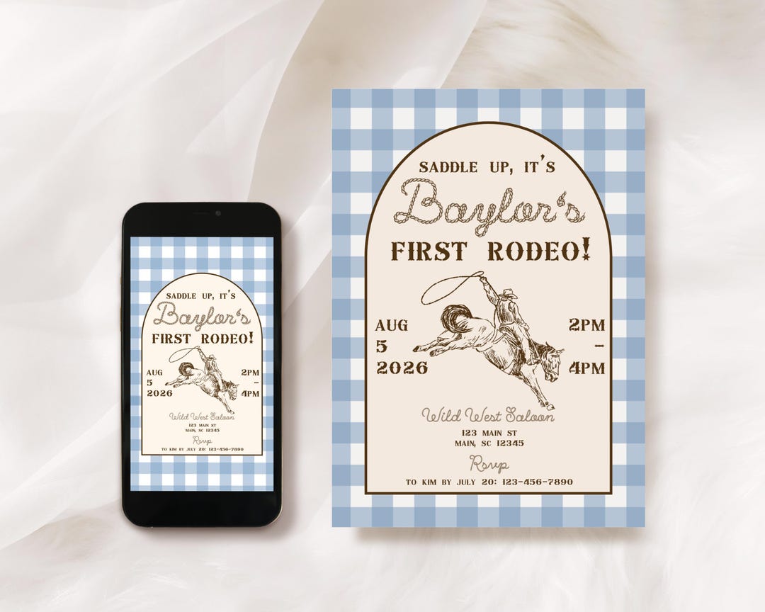 First Rodeo First Birthday Text Message Invitation, Blue Gingham First ...