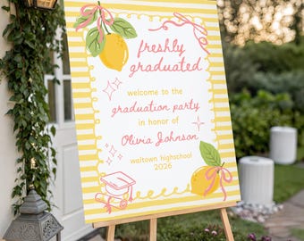Plantilla de cartel de bienvenida para recién graduados, cartel de bienvenida para fiesta de graduación, cartel de fiesta de graduación con diseño floral de cítricos para chica recién graduada