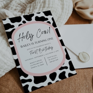 Holy Cow I&#39;m One Girls Birthday Invitation, Cow Print Birthday Invitation Template, Cow Invite, Farm Birthday, Editable Digital Download