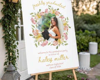 Letrero de bienvenida para fiesta de graduación con foto, Plantilla de letrero de bienvenida para fiesta de graduación rosa cítrico para recién graduados, Letrero para fiesta de recién graduados