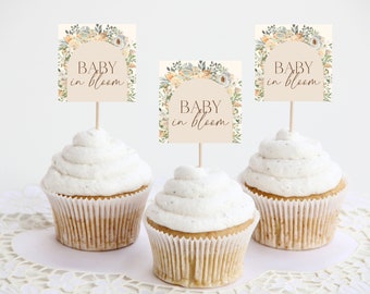 Plantilla editable de toppers de cupcakes de bebé en floración, decoración de ducha de bebé en floración, baby shower de flores silvestres, bebé en floración, decoración de novia en floración