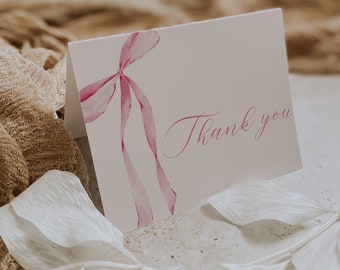 Pink Bow Thank You Card Editable Template, Pink Bow Bridal Shower Thank You Card, Pink Bow Baby Shower Thank You Card Digital Template