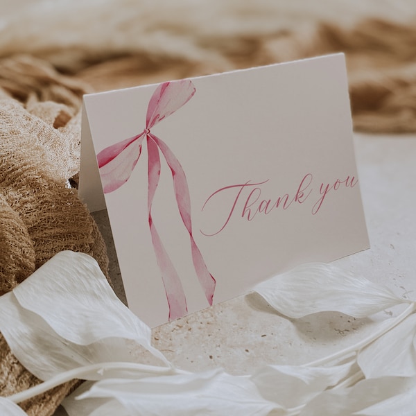 Pink Bow Thank You Card Editable Template, Pink Bow Bridal Shower Thank You Card, Pink Bow Baby Shower Thank You Card Digital Template