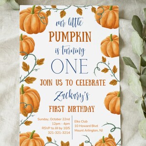 私たちの小さなカボチャが1歳になります招待状テンプレート、カボチャの1歳の誕生日、秋の1歳の誕生日編集可能テンプレート、カボチャが1歳になります