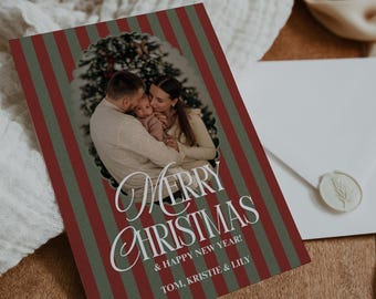 Christmas Card Template, Striped Editable Christmas Card Canva Template, Holiday Greeting Card Digital Download, Elegant Christmas Card