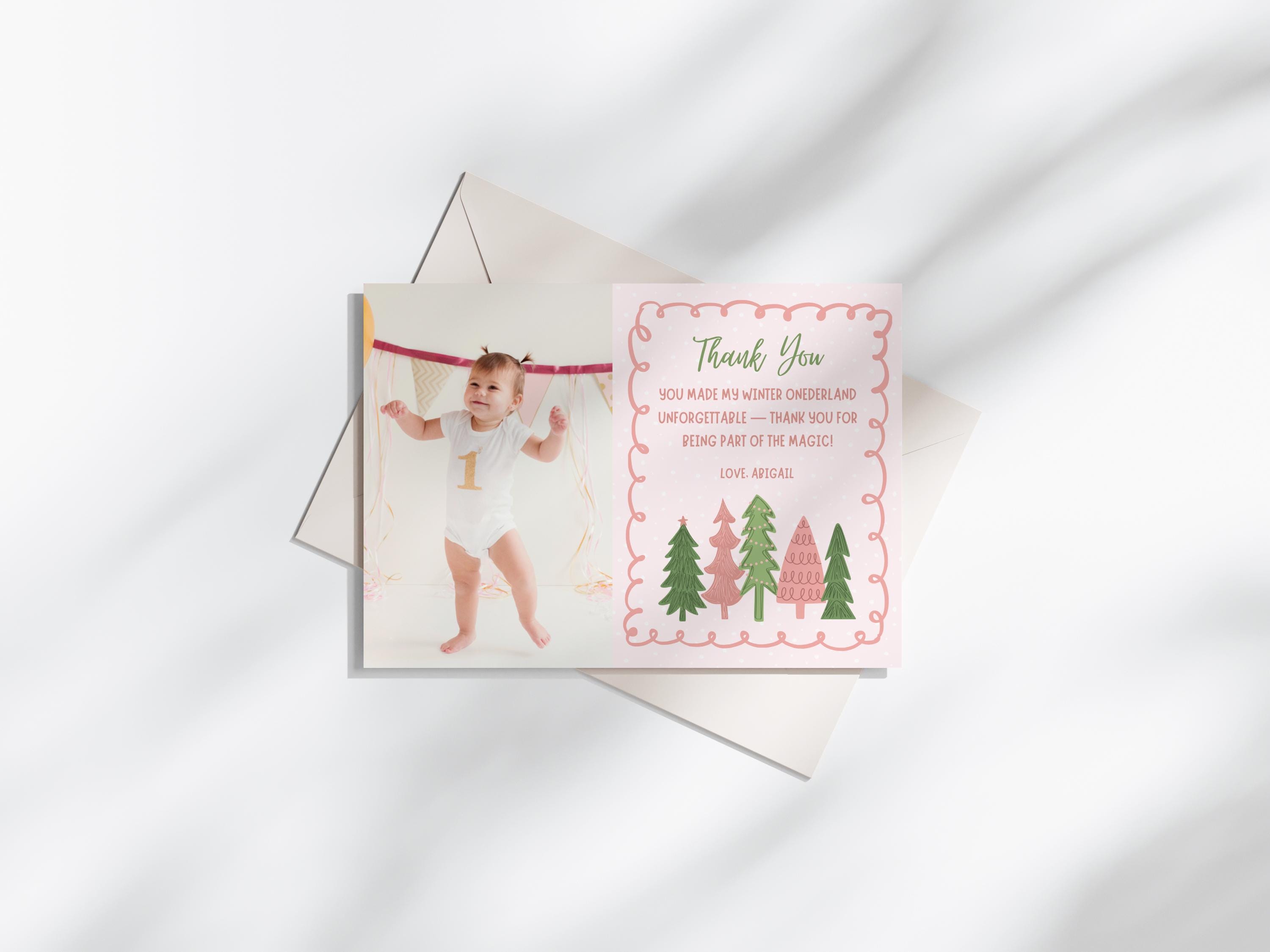 Winter Onederland Birthday Thank You Card Editable Template, Winter ...