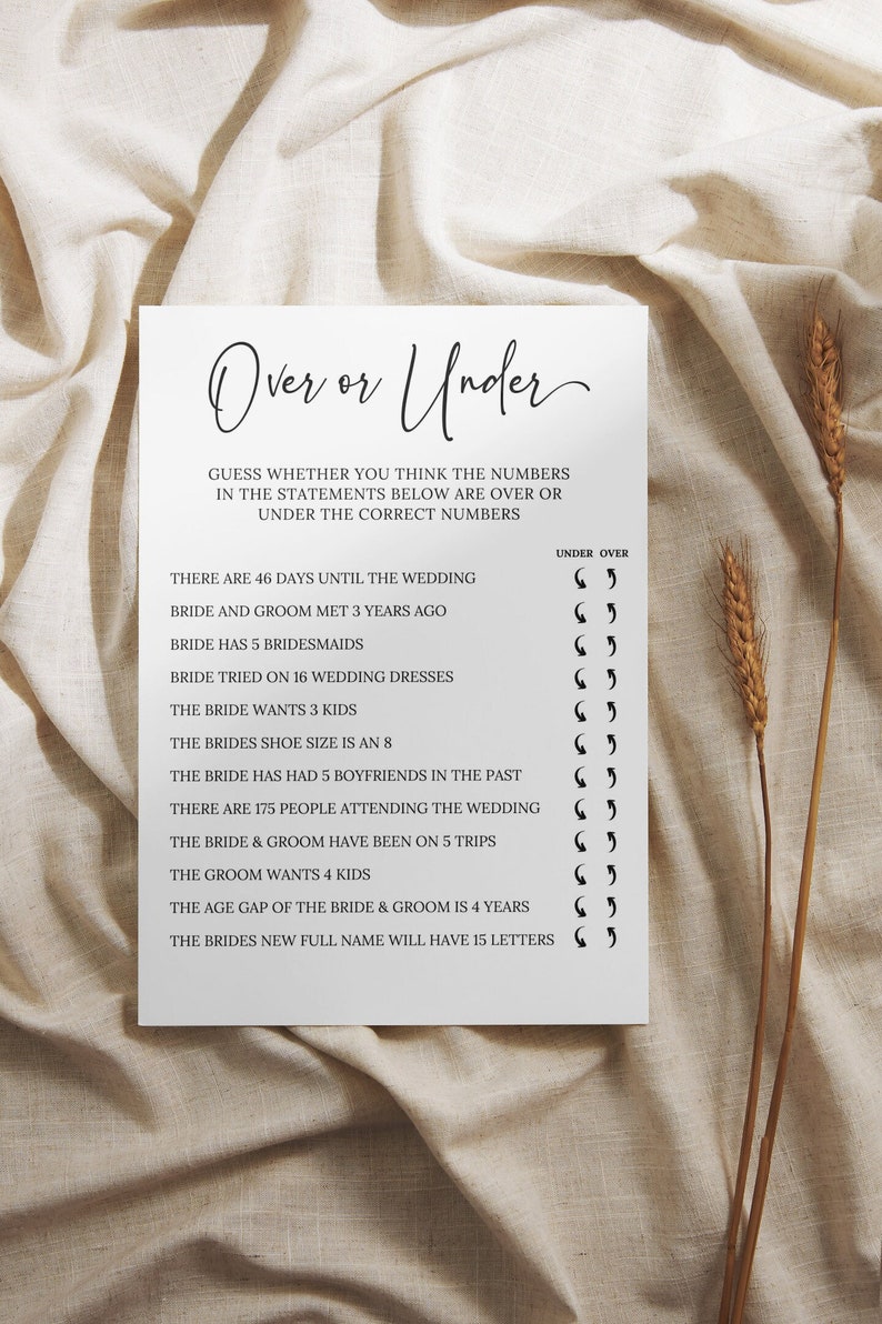 Over or Under Bridal Shower Game, Minimalist Over or Under Bridal ...