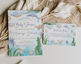May include: A blue and green baby shower invitation with an ocean theme. The invitation features a variety of sea creatures, including a whale, a dolphin, a jellyfish, a seahorse, a crab, and an octopus. The text on the invitation reads "Please join us for a Baby Shower honoring the mommy-to-be Mackenzie Johnson Saturday, May 5 from 12pm-4pm The Brassrail Hoboken, New Jersey RSVP to Donna by April 15th: 123-456-6789". A separate card reads "Books for Baby One small request, we hope not too hard Please bring a book instead of a card They'll cherish the book, well loved or brand new Please sign the inside with a message just from you"
