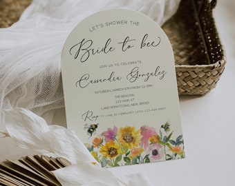 Modello modificabile di invito da sposa a ape, invito a nozze con fiori di campo, invito a nozze con api, brunch nuziale con api di miele, addio al nubilato con fiori di campo