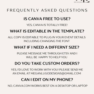 Peut inclure: Un graphique noir et blanc avec des questions fr&eacute;quemment pos&eacute;es sur Canva.com. Le texte comprend des informations sur la gratuit&eacute; de Canva, ce qui est modifiable dans le mod&egrave;le, comment modifier la taille, si les commandes personnalis&eacute;es sont accept&eacute;es et si le mod&egrave;le peut &ecirc;tre modifi&eacute; sur un t&eacute;l&eacute;phone.