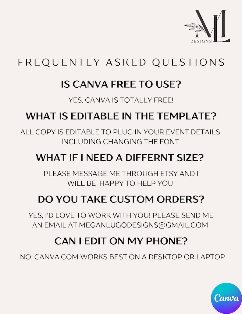 Peut inclure: Un graphique noir et blanc avec des questions fr&eacute;quemment pos&eacute;es sur Canva.com. Le texte comprend des informations sur la gratuit&eacute; de Canva, ce qui est modifiable dans le mod&egrave;le, comment modifier la taille, si les commandes personnalis&eacute;es sont accept&eacute;es et si le mod&egrave;le peut &ecirc;tre modifi&eacute; sur un t&eacute;l&eacute;phone.