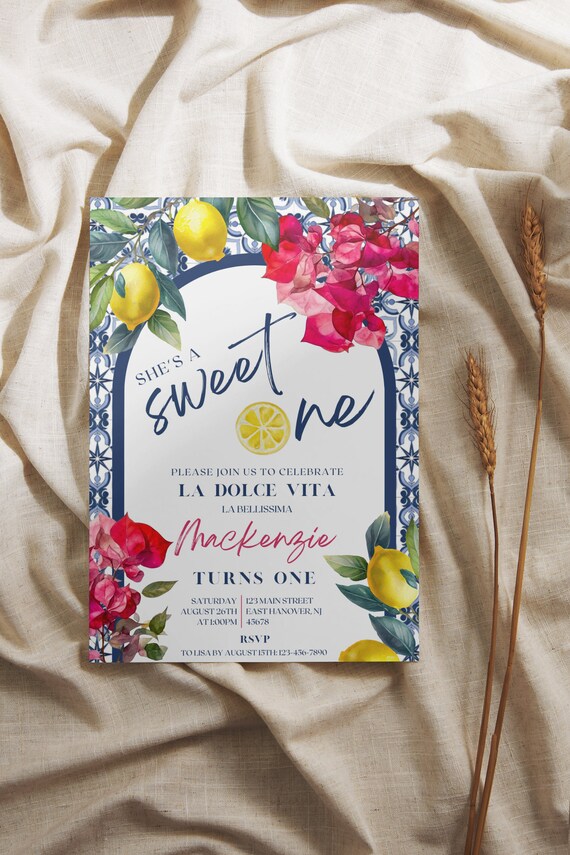 Editable Lemon First Birthday Invitation Template, She's a Sweet One Invitation, Mediterranean Tile Invitation, Sweet One Invite Template