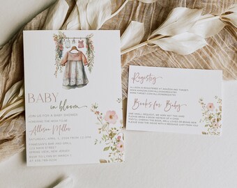 Boho Wildflower Baby Shower Invite Bundle, Wildflower Baby Shower, Invitation Template, Baby in Bloom, Editable Baby Shower Invitation Set