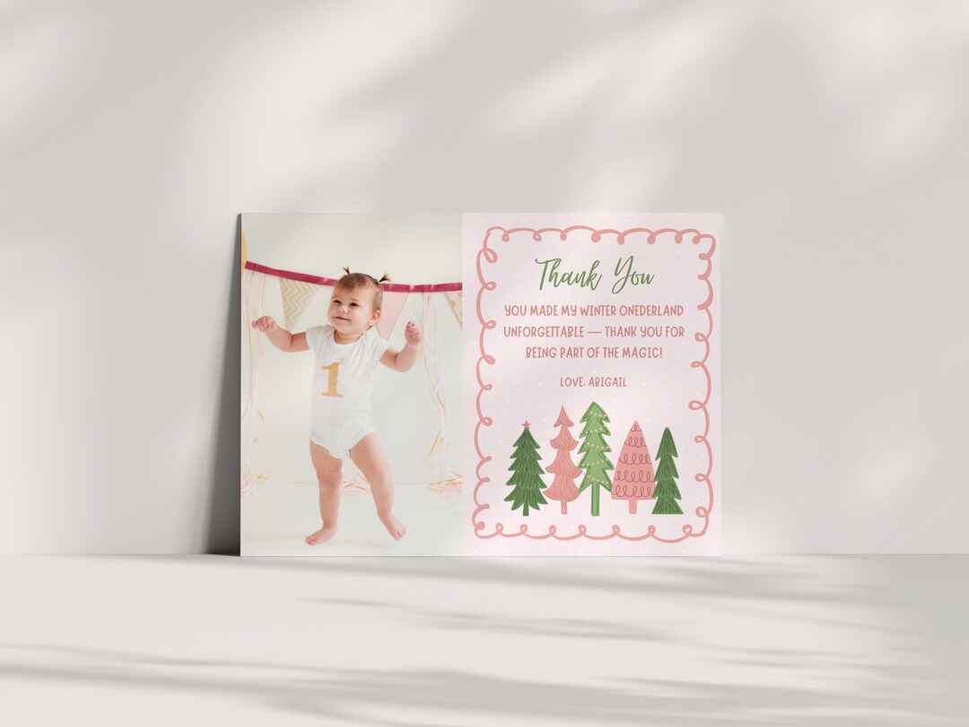 Winter Onederland Birthday Thank You Card Editable Template, Winter ...