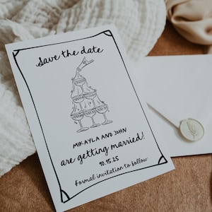 Handgezeichnete Save the Date-Vorlage, bearbeitbare wunderliche Hochzeit Save The Date, digitale Champagne Save The Date, handgeschriebene Save The Date