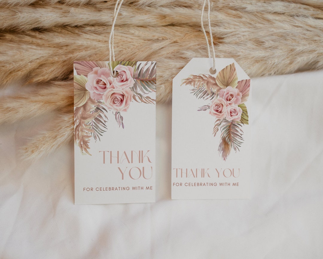 Editable Boho Pampas Thank You Tags Template, Pink Floral Thank You Tag ...