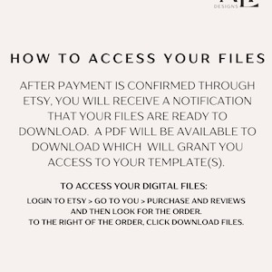 Puede incluir: Fondo blanco con texto: "HOW TO ACCESS YOUR FILES." Instrucciones sobre c&oacute;mo descargar archivos despu&eacute;s de la compra en Etsy. Incluye el logotipo de Etsy y el logotipo de Canva en la esquina inferior derecha.