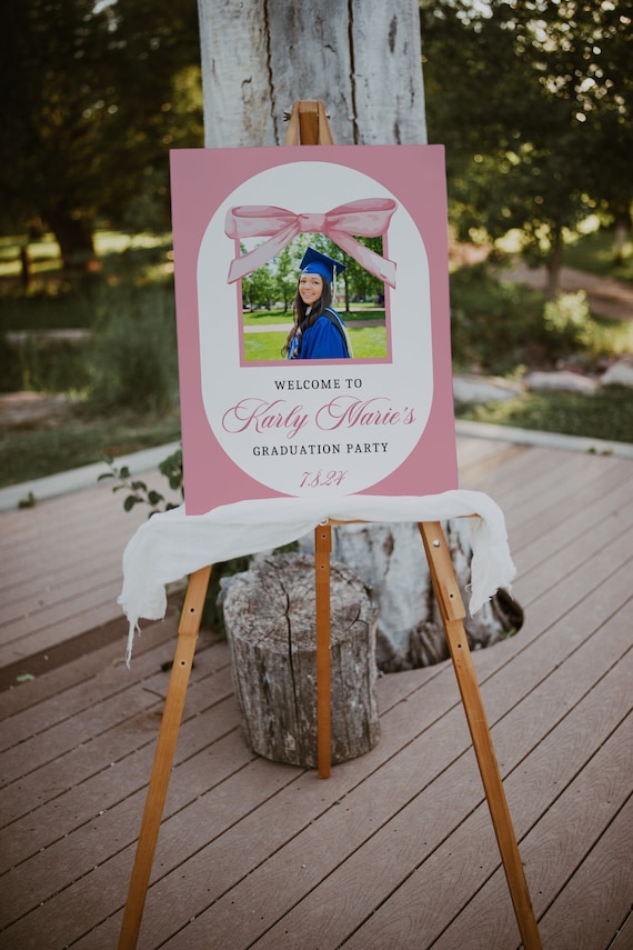 Editable Graduation Welcome Sign Template, Pink Bow Graduation Welcome Sign, Coquette Pink Bow Sign, Graduation Party Welcome Sign Template