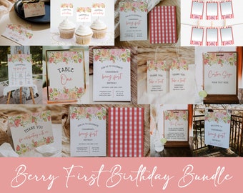 May include: A printable set of first birthday party decorations with a berry theme. The set includes invitations, thank you cards, table signs, cupcake toppers, and a banner. The decorations feature a watercolor floral design with pink, peach, and green colors.