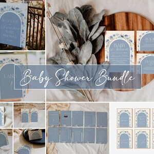 Paquete de invitación de baby shower de bebé en flor, baby shower floral azul, bebé en flor, plantilla de conjunto de fiesta de baby shower de niño bebé en flor