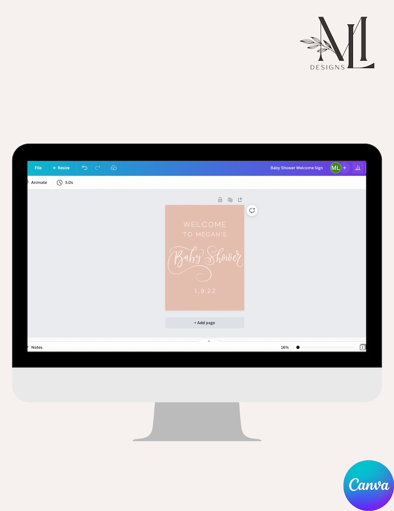 Peut inclure: Un &eacute;cran d'ordinateur affichant une conception Canva pour une pancarte de bienvenue pour une f&ecirc;te pr&eacute;natale. La pancarte est rose avec du texte blanc qui dit "Bienvenue &agrave; la f&ecirc;te pr&eacute;natale de Megan 1.9.22".