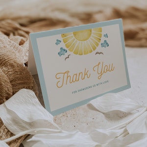 Aquí viene la plantilla de tarjeta de agradecimiento del baby shower del hijo, aquí viene el baby shower del hijo, plantilla de tarjeta de agradecimiento del sol imprimible