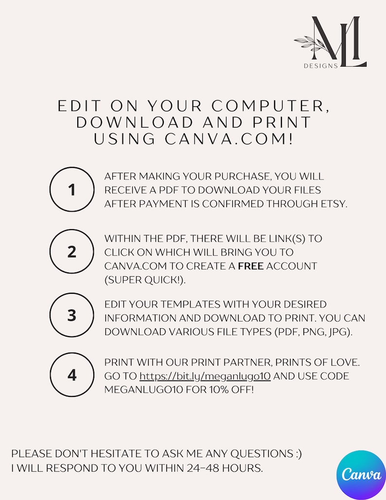 Puede incluir: Una plantilla de dise&ntilde;o digital con instrucciones para editar e imprimir usando Canva.com. El texto incluye pasos para descargar archivos despu&eacute;s de la compra, crear una cuenta gratuita de Canva y editar plantillas. El dise&ntilde;o presenta el logotipo de ML Designs y un logotipo de Canva.