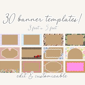 Puede incluir: Imagen que muestra 30 plantillas de banner con varios bordes decorativos. Los banners miden 0,91 metros x 1,52 metros e incluyen diseños como cuadros, camuflaje, floral y patrones geométricos. El texto dice "edit & customizable".
