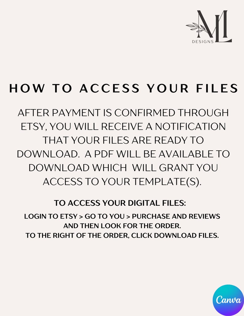 Peut inclure: Instructions textuelles sur la fa&ccedil;on d'acc&eacute;der aux fichiers num&eacute;riques achet&eacute;s via Etsy. Les instructions comprennent la connexion &agrave; Etsy, l'acc&egrave;s &agrave; la section des achats et des &eacute;valuations, et le clic sur le bouton de t&eacute;l&eacute;chargement des fichiers &agrave; droite de la commande.