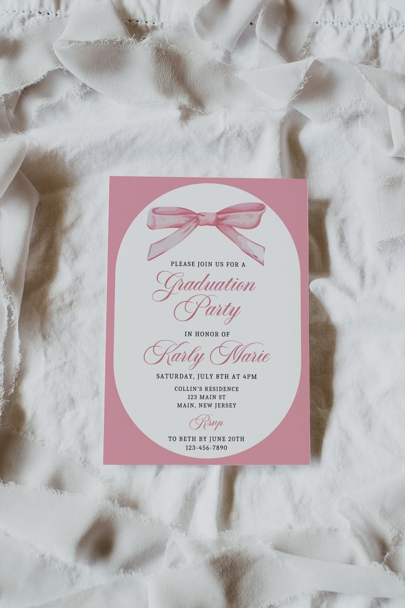 Editable Graduation Invitation Template Pink Bow Graduation Invitation