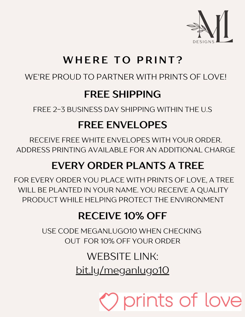 Puede incluir: Un fondo blanco con texto negro que promociona una asociaci&oacute;n con Prints of Love. El texto incluye "Env&iacute;o gratuito", "Sobres gratuitos" y "Cada pedido planta un &aacute;rbol". Tambi&eacute;n hay un enlace a un sitio web y el logotipo de Prints of Love.