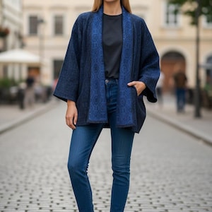 Oshima Tsumugi Haori Jacket, Upcycled Kimono Cardigan, Premium Japanese Silk Jacket, Indigo Kimono Robe, Handmade One of a Kind