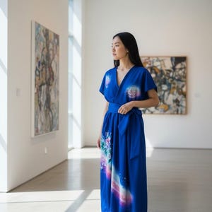 以下が含まれることがあります： 鮮やかなブルーのラップドレス。半袖、Vネック、ウエストに共布の結びベルトが付いています。ピンク、パープル、ホワイトの色合いで、花や星雲のような幻想的でカラフルな模様が施されています。