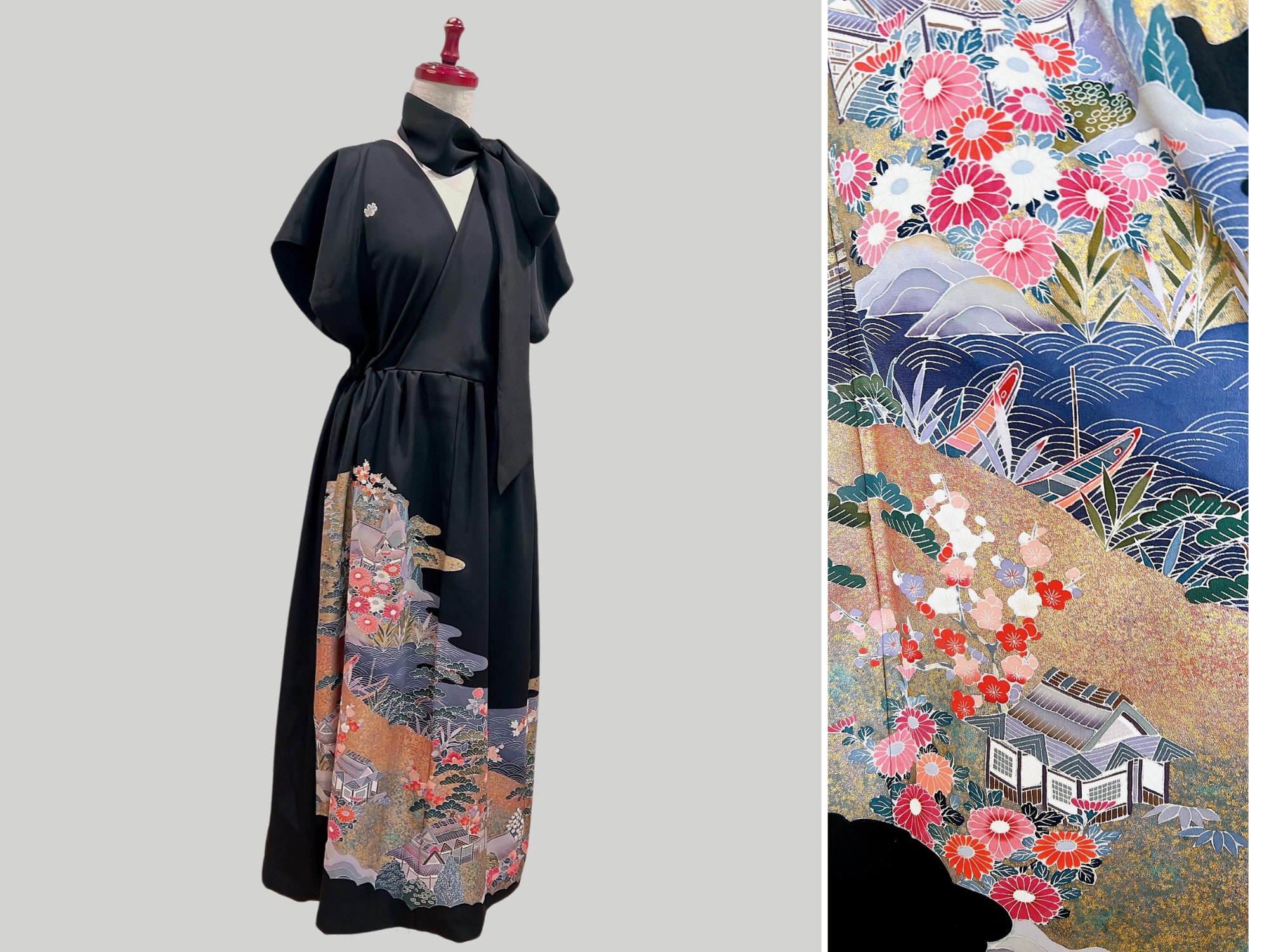 Remake Vintage Dress, Handmade Silk Dress, Japanese Kimono Remake Vintage Dress, Handmade Silk Dress, Japanese Kimono