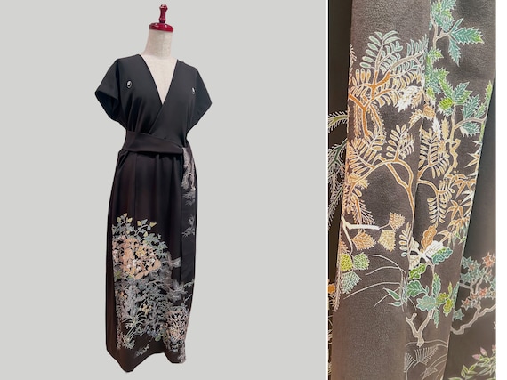 Remake Vintage Dress Handmade Silk Dress Japanese Kimono Dress Kimono Antique Dress US68 Black Furisode Long Dress Etsy