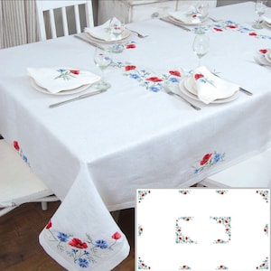 Embroidered linen tablecloth Poppies with Cornflowers. White Linen. Size 230*140 cm.