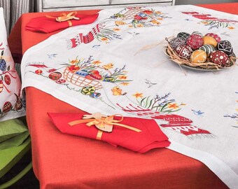 Broderad påskduk i linne med servetter – Korg- och äggdesign – Vit eller naturlig (rå linne)