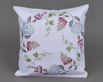 Decorative pillowcase Hydrangea. White linen, color embroidery, floral pattern. Home decorations. Size 40x40 cm. White fabric.