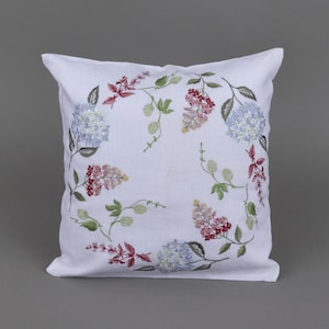 Decorative pillowcase Hydrangea. White linen, color embroidery, floral pattern. Home decorations. Size 40x40 cm. White fabric.